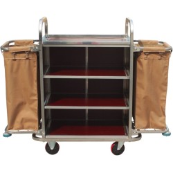 Τρόλεϊ καμαριέρας με 3 ράφια & 2 σάκους, INOX + ξύλο MDF