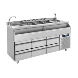 Bar Station Συντήρηση BRST-PS-185 185x70x93cm 376lt 350W 220/240V Inox με Λεκάνη Πάγου, Βάση GN, 2 Γούρνες 24x30cm, 2 Ρίνσερ & 6 Συρτάρια GN BAMBAS