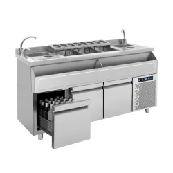 Bar Station Συντήρηση BRST-PSS-185 185x70x88cm 376lt 350W 220/240V Inox με Λεκάνη Πάγου, Βάση GN, 2 Γούρνες 24x30cm, 2 Ρίνσερ & 3 Συρτάρια Μπουκαλιών BAMBAS
