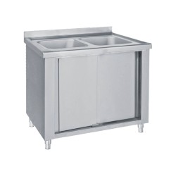 Λάντζα LKE2-100 100x60x85cm Inox Κλειστή με 2 Γούρνες 34x37x15cm & 2 Συρόμενες Πόρτες BAMBAS